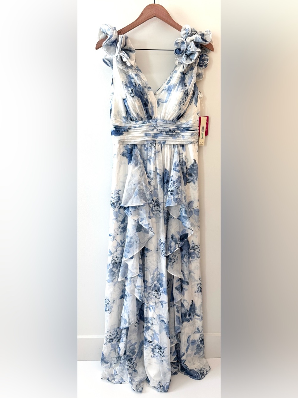 NWT Eliza J Blue Floral Chiffon Ruffle Maxi Gown Dress Size 8